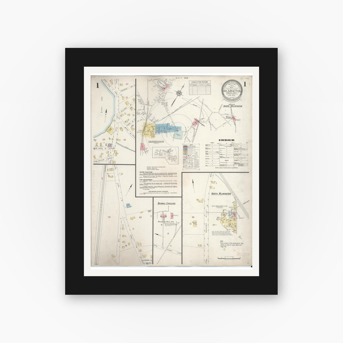 Old map wall art mockup — black gallery frame with white mat — Sanborn Fire Insurance Map from Wilmington, Middlesex County, Massachusetts (1933), Sheet #0001