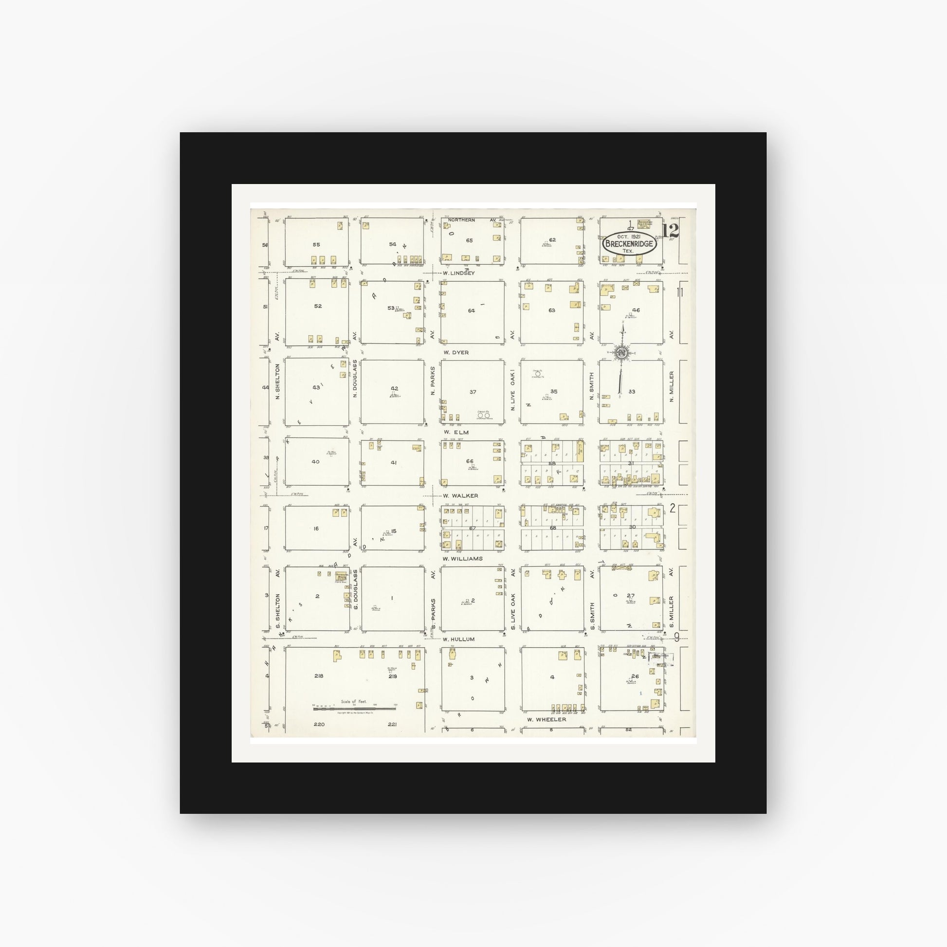 Old map wall art mockup — black gallery frame with white mat — Sanborn Fire Insurance Map from Breckenridge, Stephens County, Texas (1921), Sheet #0012