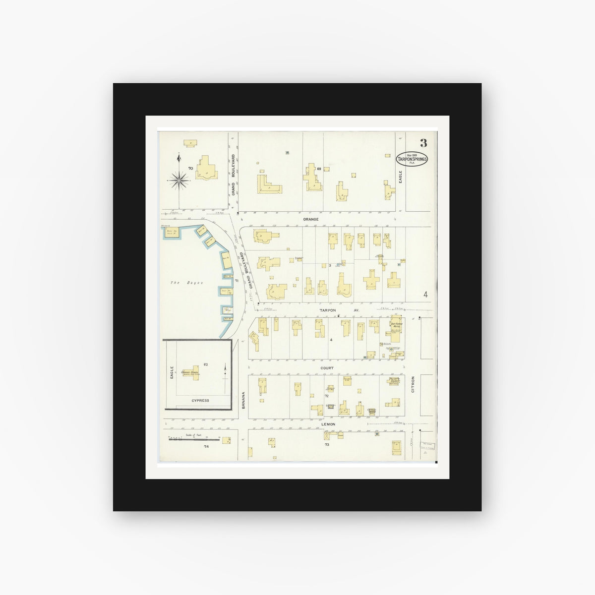 Old map wall art mockup — black gallery frame with white mat — Sanborn Fire Insurance Map from Tarpon Springs, Pinellas County, Florida (1909), Sheet #0003