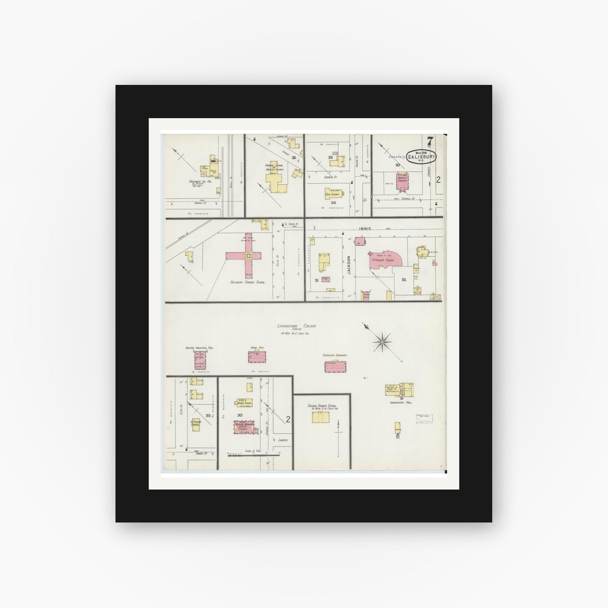 Old map wall art mockup — black gallery frame with white mat — Sanborn Fire Insurance Map from Salisbury, Rowan County, North Carolina (1896), Sheet #0007