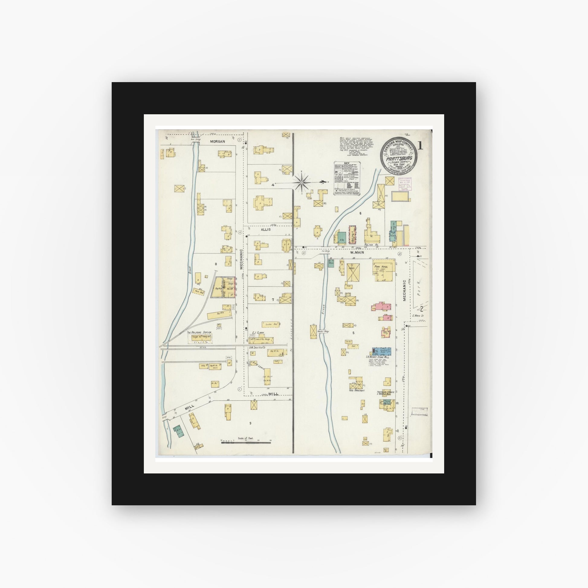 Old map wall art mockup — black gallery frame with white mat — Sanborn Fire Insurance Map from Prattsburgh, Steuben County, New York (1906) - Complete Map Set