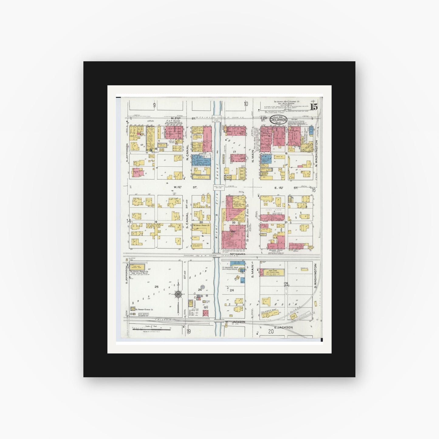Old map wall art mockup — black gallery frame with white mat — Sanborn Fire Insurance Map from Delphos, Van Wert And Allen Counties, Ohio (1921), Sheet #0015