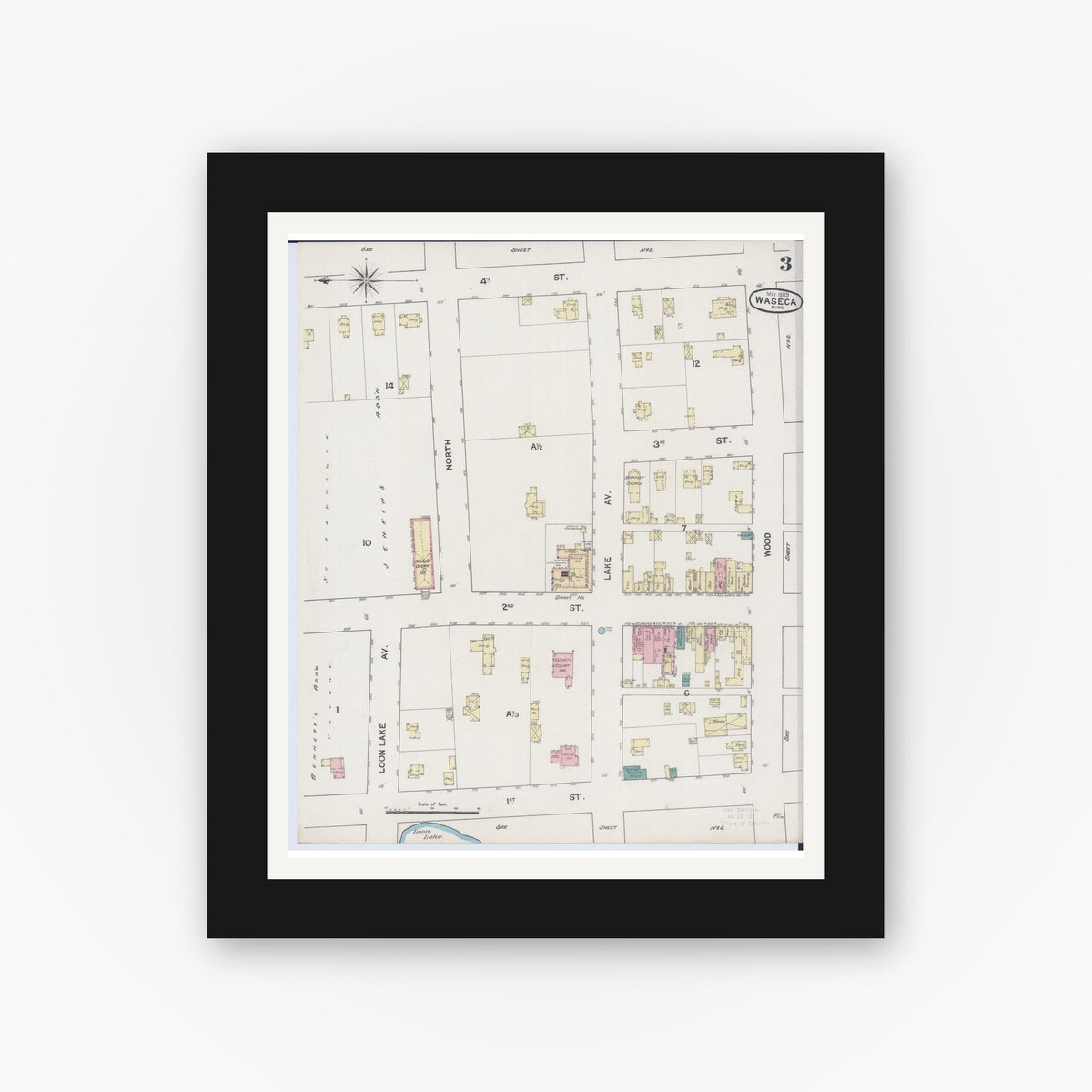 Old map wall art mockup — black gallery frame with white mat — Sanborn Fire Insurance Map from Waseca, Waseca County, Minnesota (1889), Sheet #0003