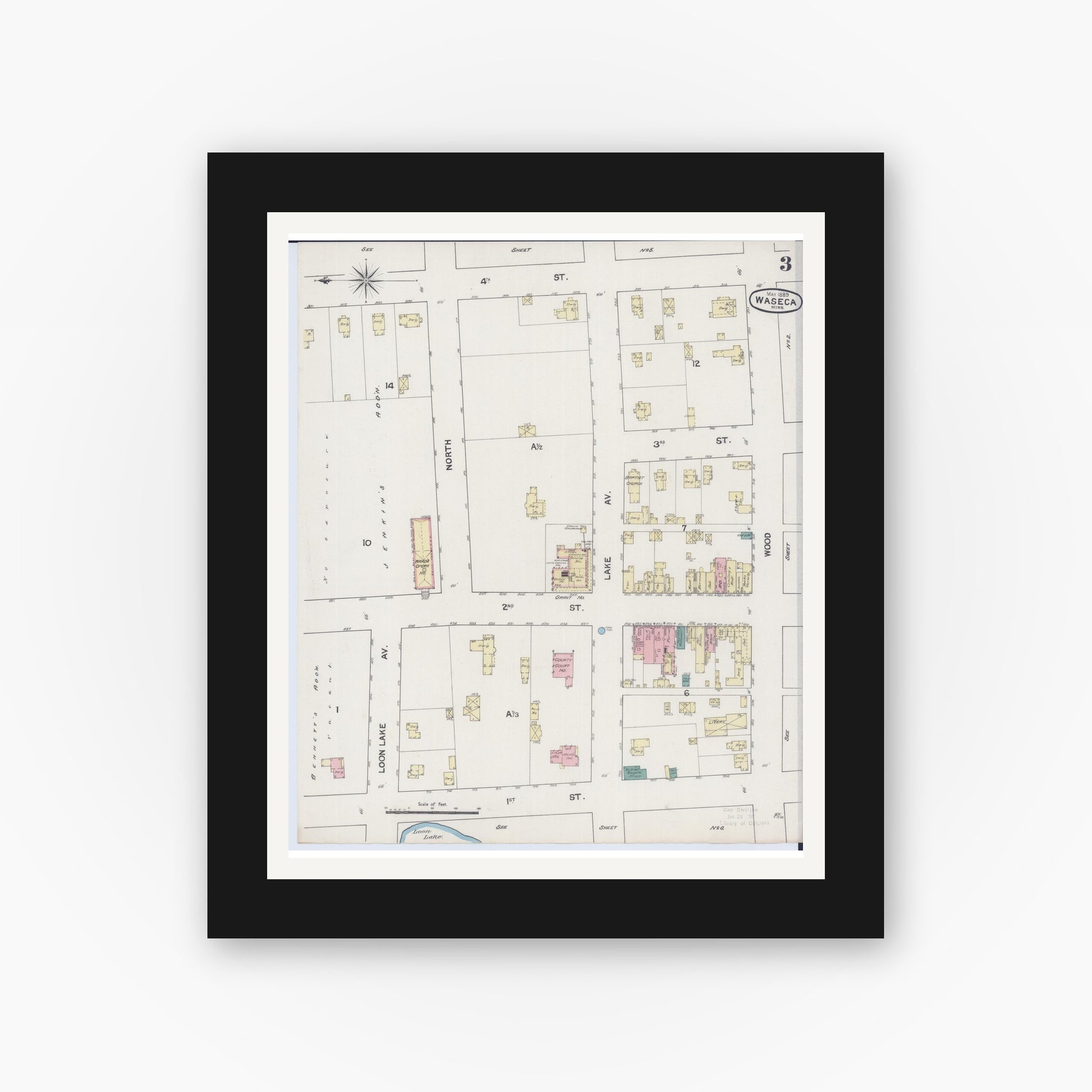 Old map wall art mockup — black gallery frame with white mat — Sanborn Fire Insurance Map from Waseca, Waseca County, Minnesota (1889), Sheet #0003