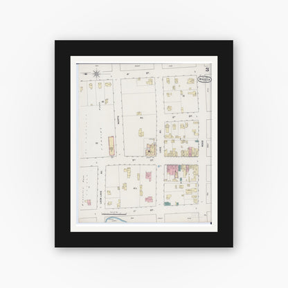 Old map wall art mockup — black gallery frame with white mat — Sanborn Fire Insurance Map from Waseca, Waseca County, Minnesota (1889), Sheet #0003