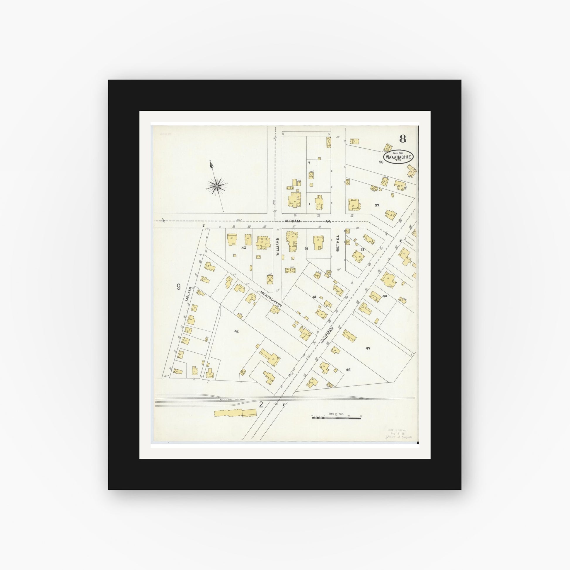Old map wall art mockup — black gallery frame with white mat — Sanborn Fire Insurance Map from Waxahachie, Ellis County, Texas (1904), Sheet #0008
