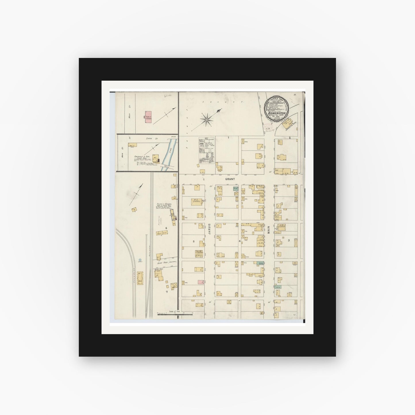 Old map wall art mockup — black gallery frame with white mat — Sanborn Fire Insurance Map from Bowerston, Harrison County, Ohio (1895), Sheet #0001