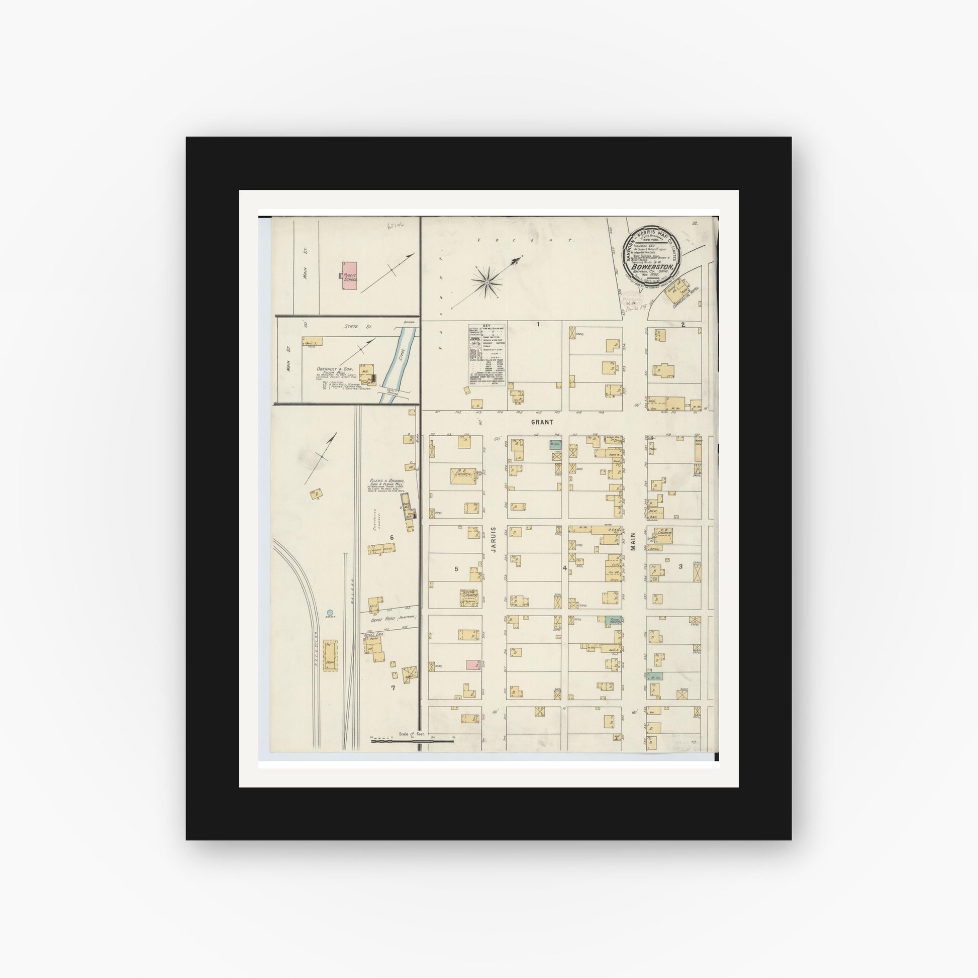 Old map wall art mockup — black gallery frame with white mat — Sanborn Fire Insurance Map from Bowerston, Harrison County, Ohio (1895), Sheet #0001