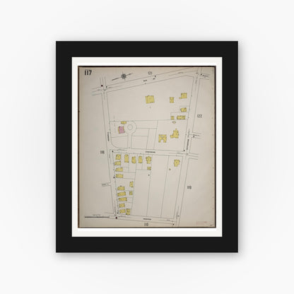 Old map wall art mockup — black gallery frame with white mat — Sanborn Fire Insurance Map from Worcester, Worcester County, Massachusetts (1910), Sheet #0117