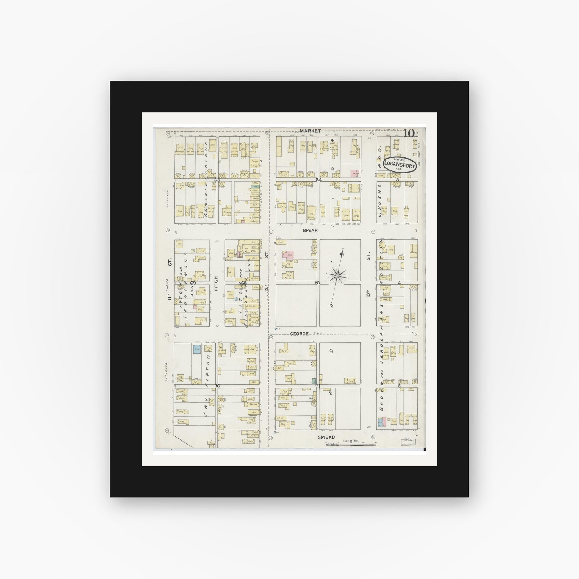 Old map wall art mockup — black gallery frame with white mat — Sanborn Fire Insurance Map from Logansport, Cass County, Indiana (1890), Sheet #0010