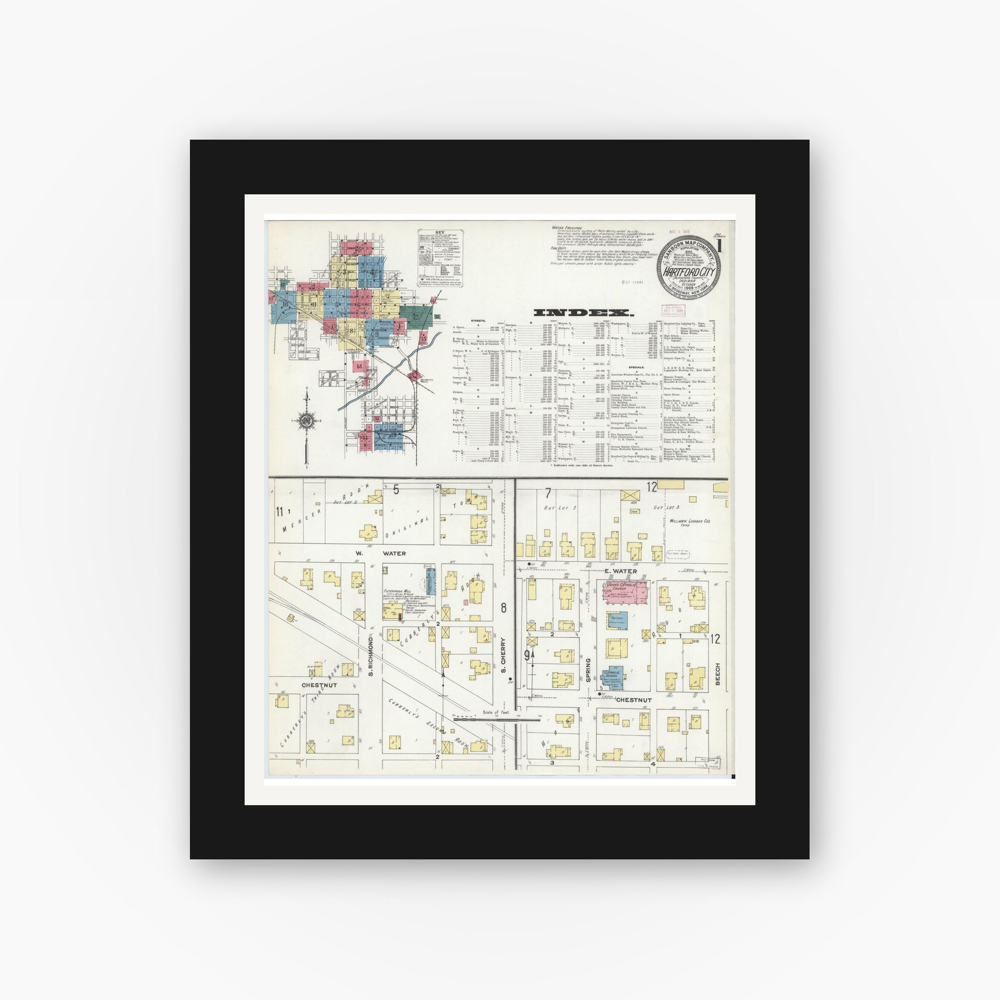 Old map wall art mockup — black gallery frame with white mat — Sanborn Fire Insurance Map from Hartford City, Blackford County, Indiana (1909) - Complete Map Set