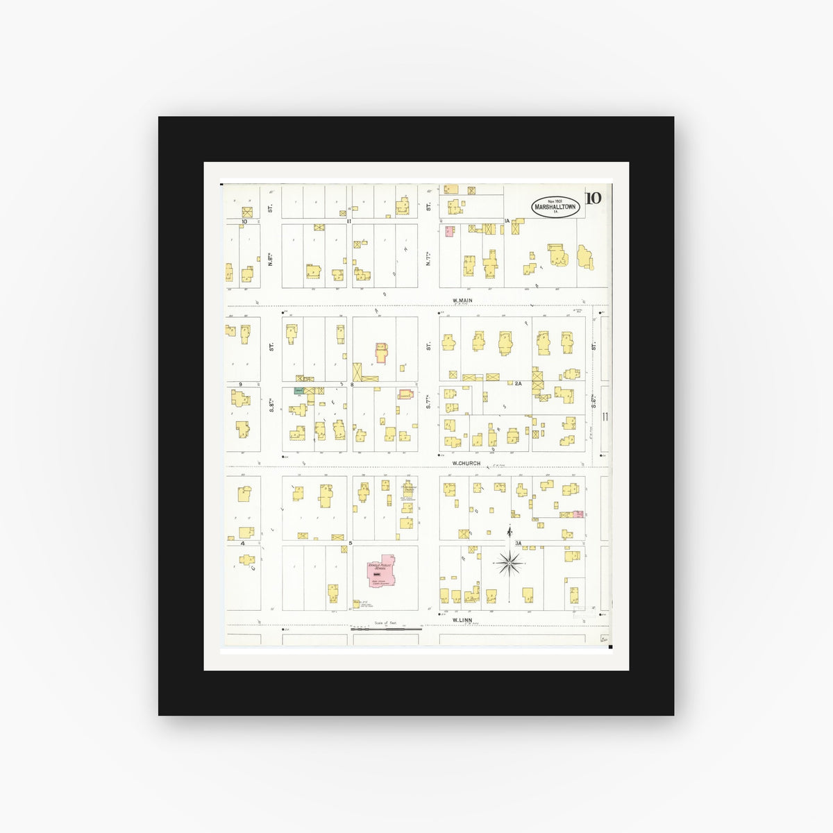Old map wall art mockup — black gallery frame with white mat — Sanborn Fire Insurance Map from Marshalltown, Marshall County, Iowa (1901), Sheet #0010