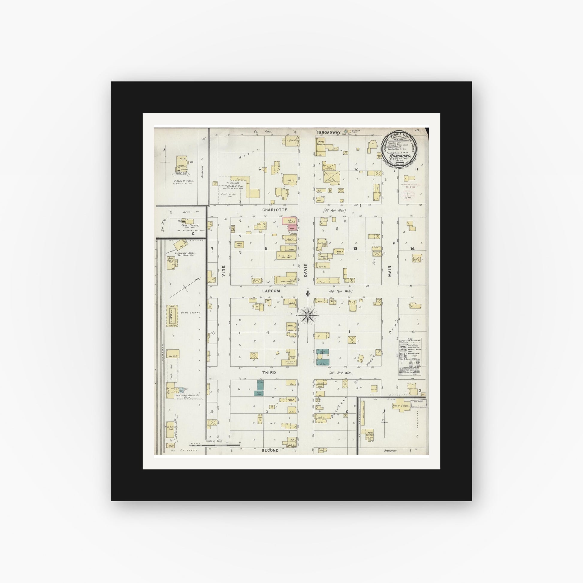 Old map wall art mockup — black gallery frame with white mat — Sanborn Fire Insurance Map from Hammond, St. Croix County, Wisconsin (1895), Sheet #0001