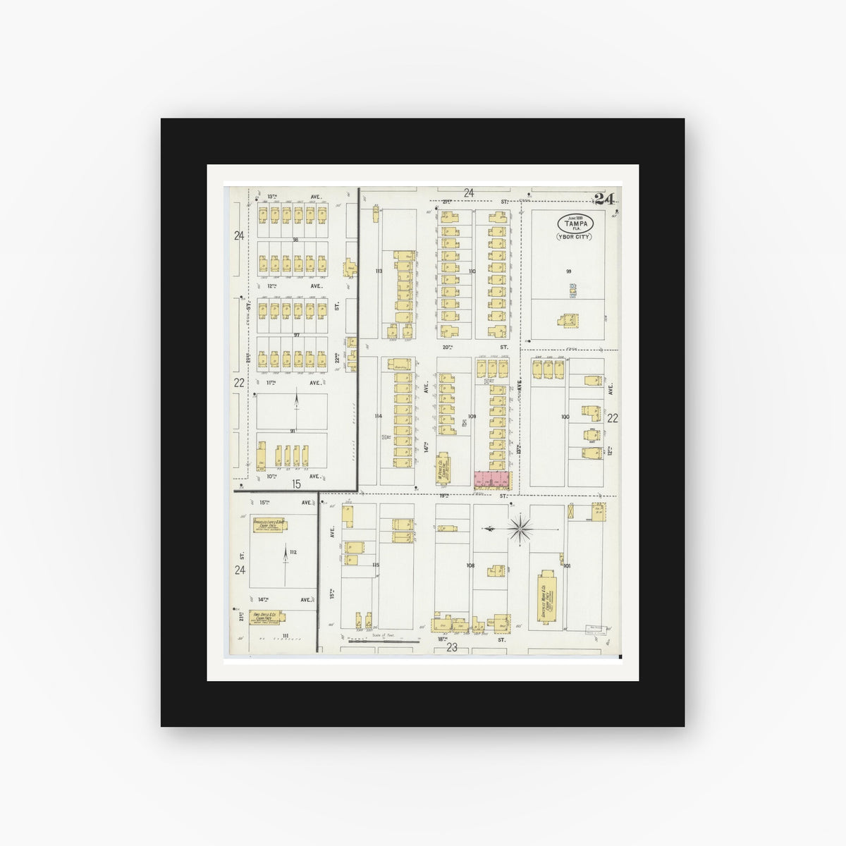 Old map wall art mockup — black gallery frame with white mat — Sanborn Fire Insurance Map from Tampa, Hillsborough County, Florida (1899), Sheet #0024