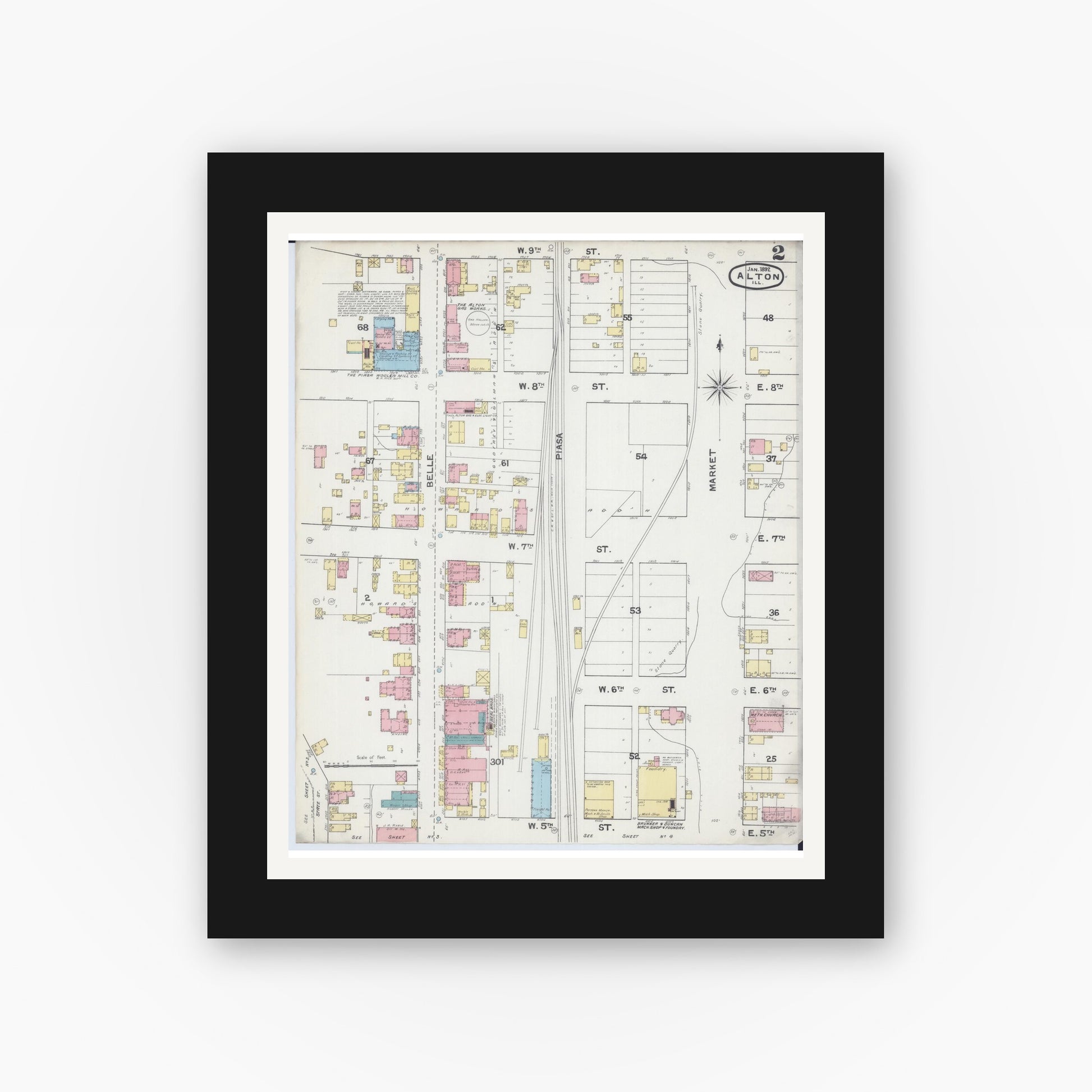 Old map wall art mockup — black gallery frame with white mat — Sanborn Fire Insurance Map from Alton, Madison County, Illinois (1892), Sheet #0002