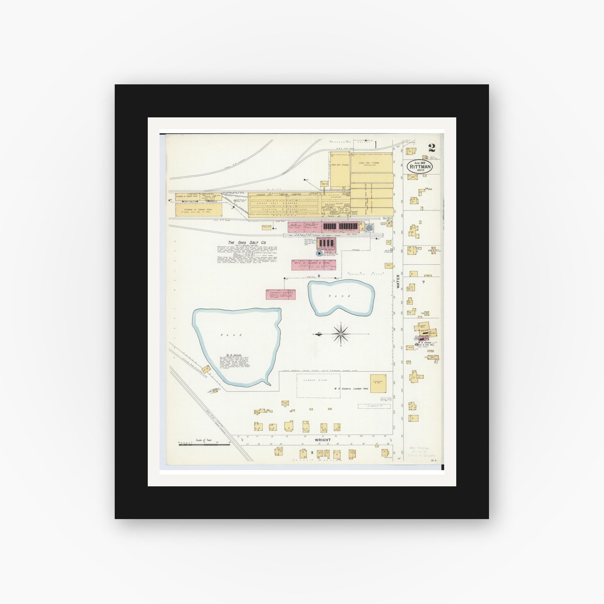 Old map wall art mockup — black gallery frame with white mat — Sanborn Fire Insurance Map from Rittman, Wayne County, Ohio (1908), Sheet #0002
