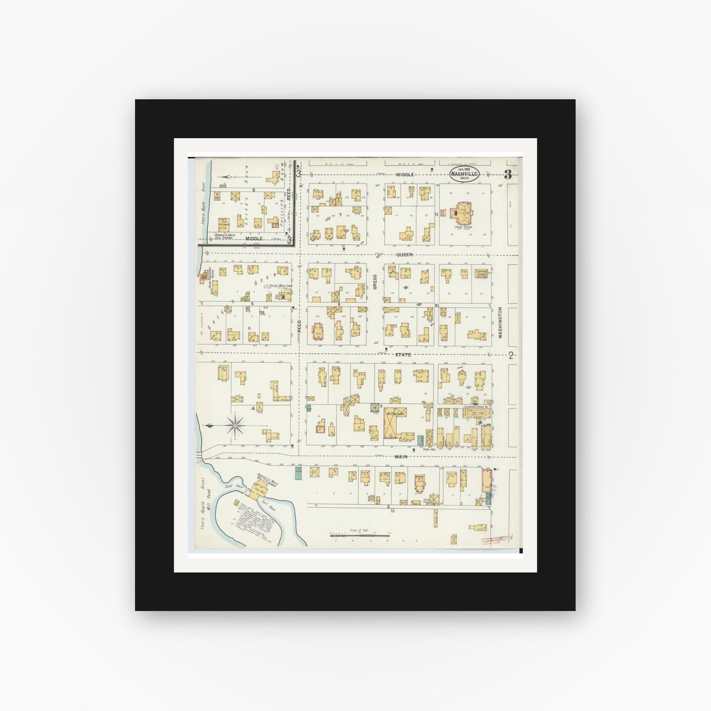 Old map wall art mockup — black gallery frame with white mat — Sanborn Fire Insurance Map from Nashville, Barry County, Michigan (1900), Sheet #0003