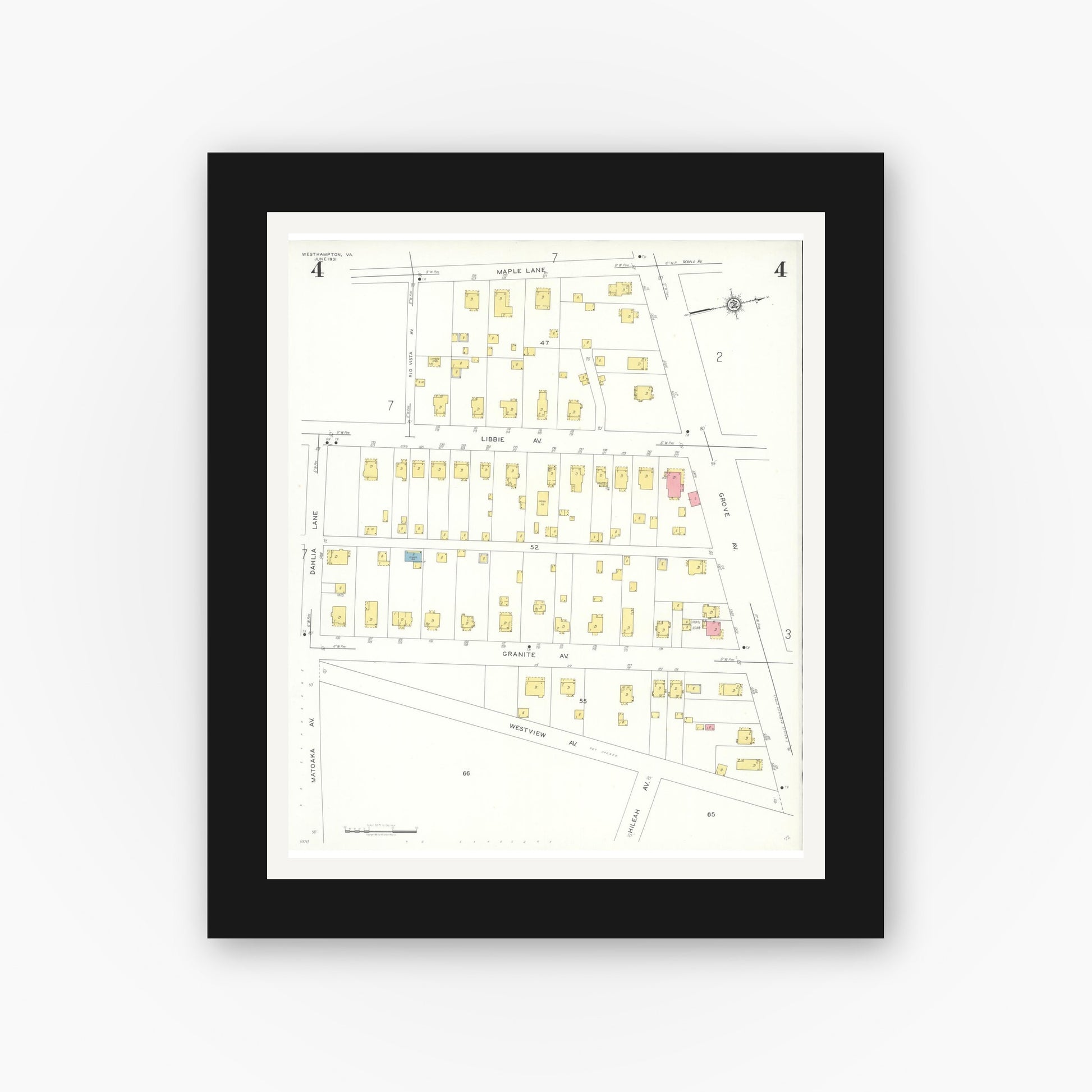 Old map wall art mockup — black gallery frame with white mat — Sanborn Fire Insurance Map from Westhampton, Henrico County, Virginia (1931), Sheet #0004