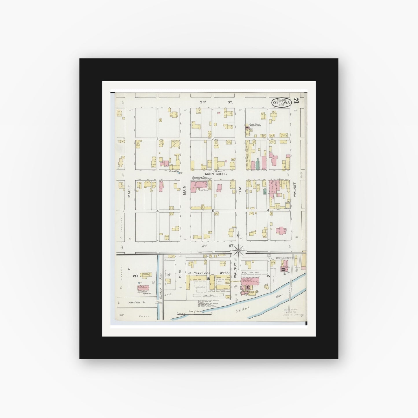 Old map wall art mockup — black gallery frame with white mat — Sanborn Fire Insurance Map from Ottawa, Putnam County, Ohio (1893), Sheet #0002