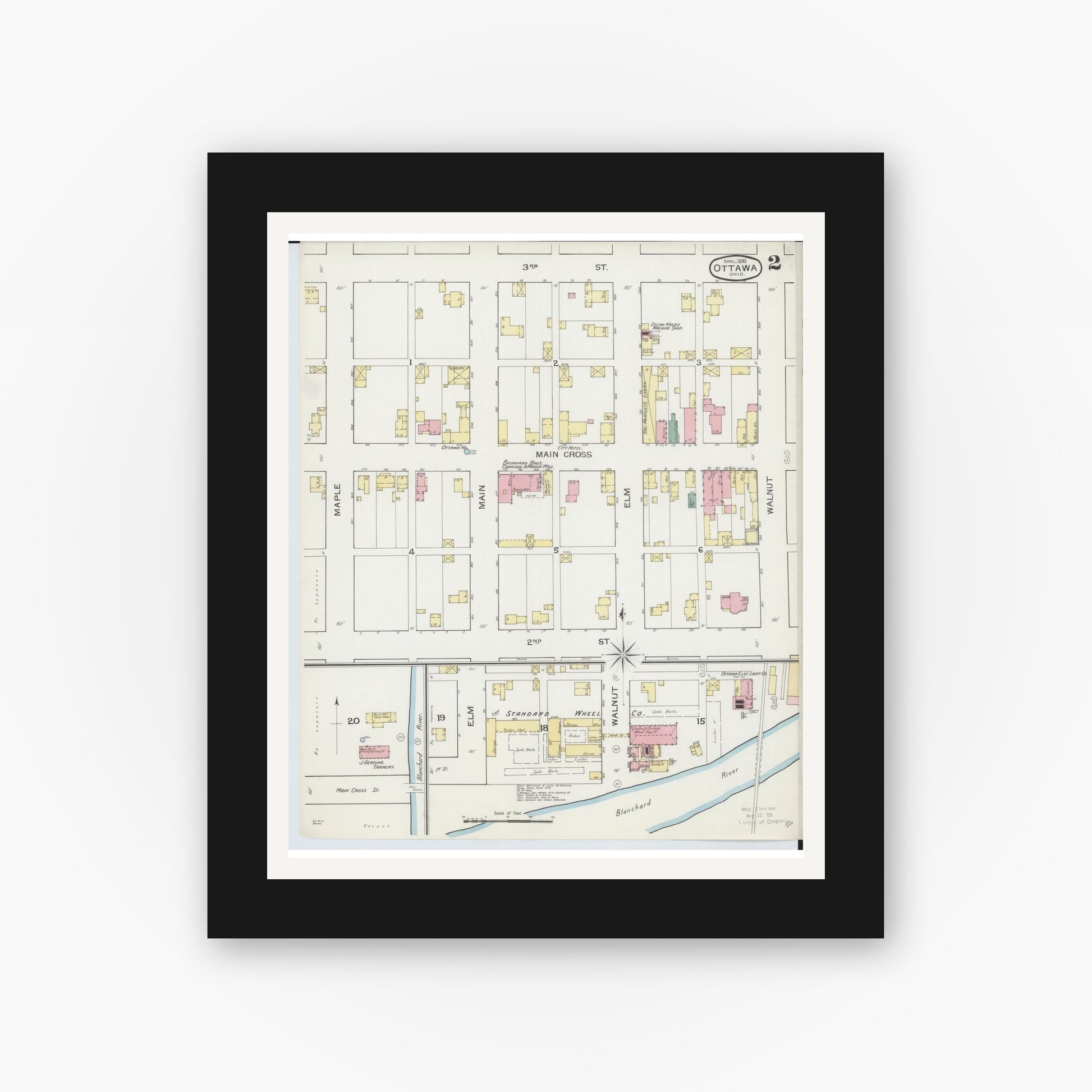 Old map wall art mockup — black gallery frame with white mat — Sanborn Fire Insurance Map from Ottawa, Putnam County, Ohio (1893), Sheet #0002