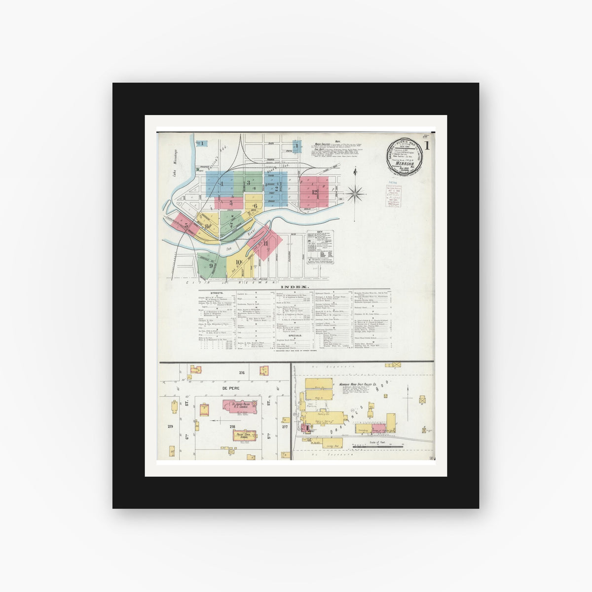 Old map wall art mockup — black gallery frame with white mat — Sanborn Fire Insurance Map from Menasha, Winnebago County, Wisconsin (1900) - Complete Map Set