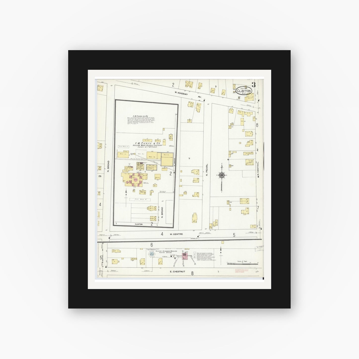 Old map wall art mockup — black gallery frame with white mat — Sanborn Fire Insurance Map from Clayton, Gloucester County, New Jersey (1910), Sheet #0003