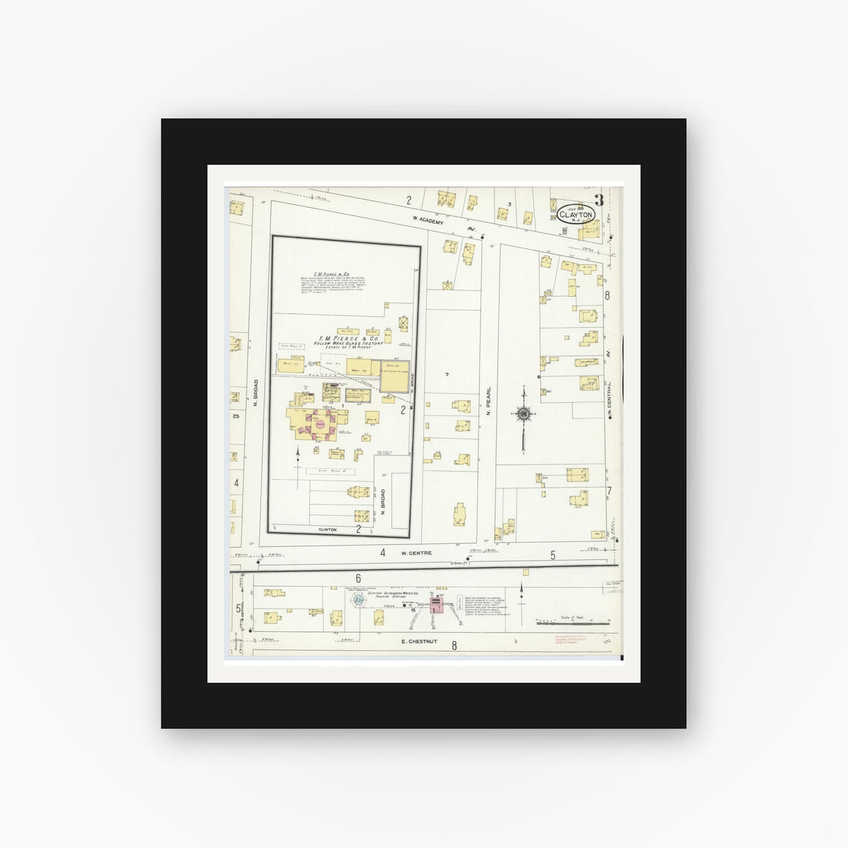 Old map wall art mockup — black gallery frame with white mat — Sanborn Fire Insurance Map from Clayton, Gloucester County, New Jersey (1910), Sheet #0003