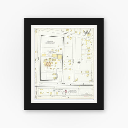 Old map wall art mockup — black gallery frame with white mat — Sanborn Fire Insurance Map from Clayton, Gloucester County, New Jersey (1910), Sheet #0003