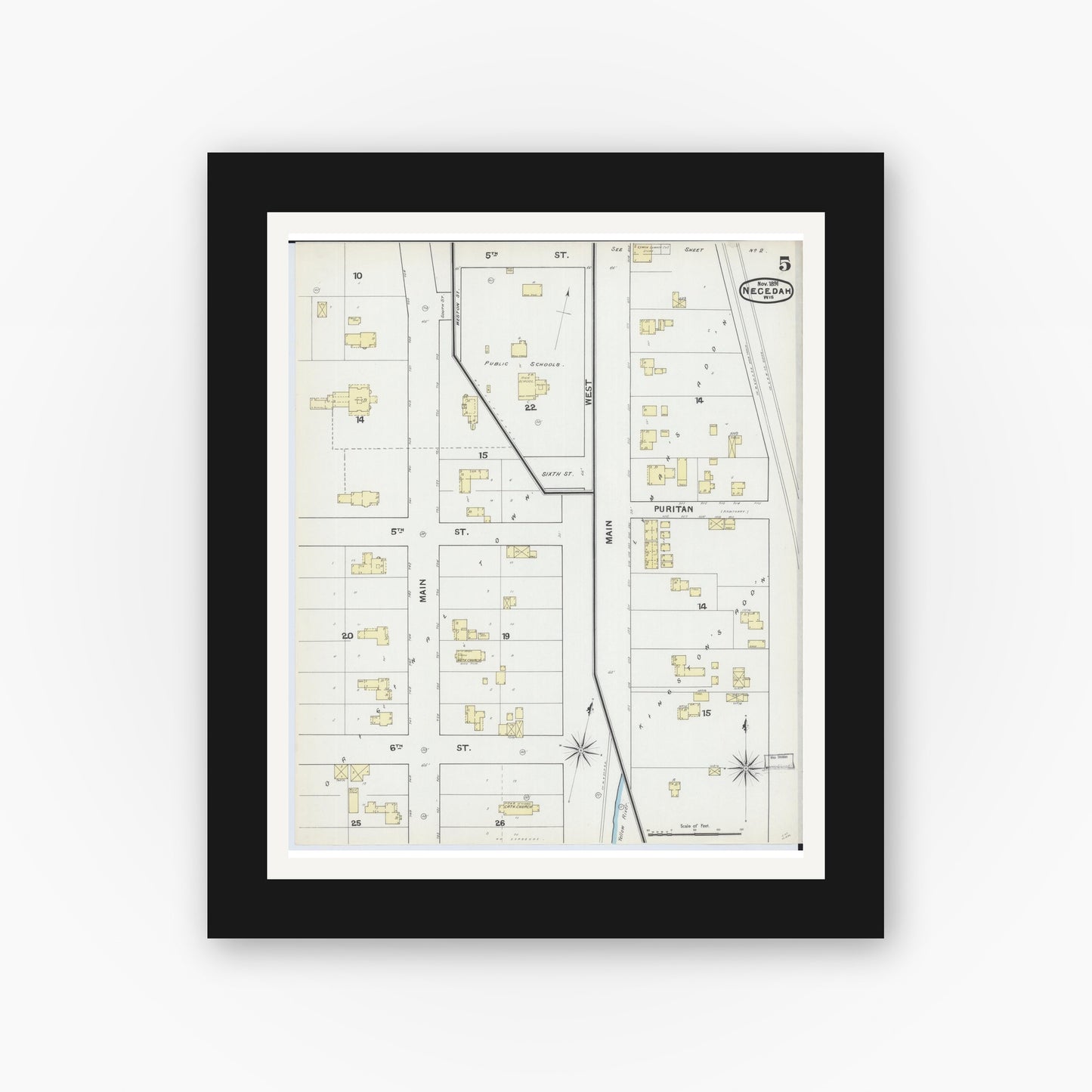 Old map wall art mockup — black gallery frame with white mat — Sanborn Fire Insurance Map from Necedah, Juneau County, Wisconsin (1891), Sheet #0005