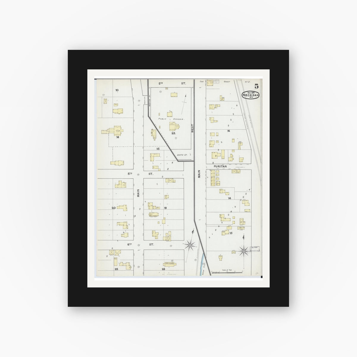 Old map wall art mockup — black gallery frame with white mat — Sanborn Fire Insurance Map from Necedah, Juneau County, Wisconsin (1891), Sheet #0005