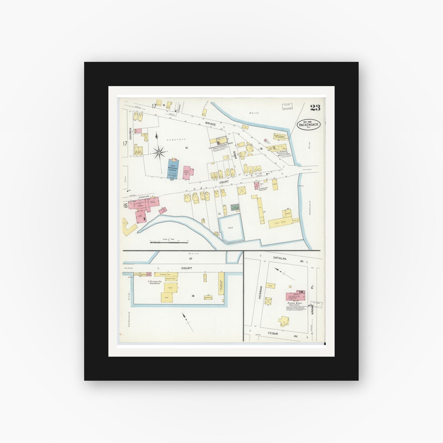 Old map wall art mockup — black gallery frame with white mat — Sanborn Fire Insurance Map from Hackensack, Bergen County, New Jersey (1908), Sheet #0023