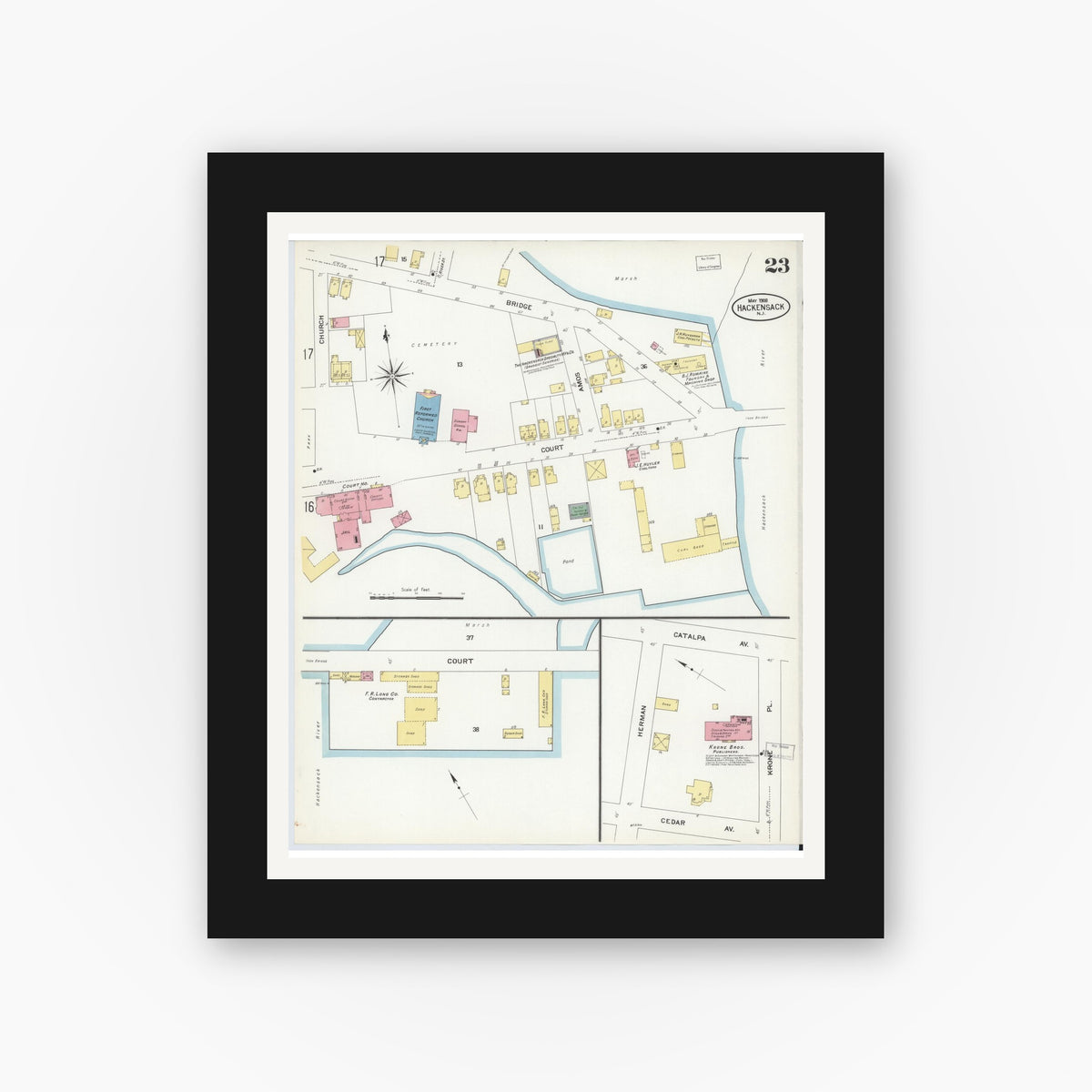 Old map wall art mockup — black gallery frame with white mat — Sanborn Fire Insurance Map from Hackensack, Bergen County, New Jersey (1908), Sheet #0023