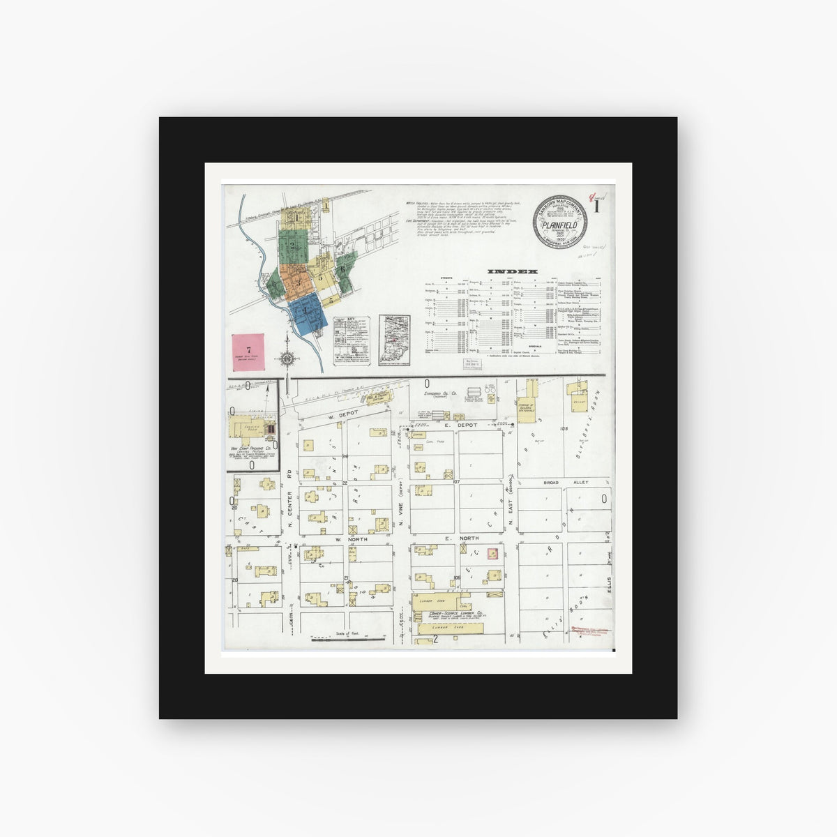 Old map wall art mockup — black gallery frame with white mat — Sanborn Fire Insurance Map from Plainfield, Hendricks County, Indiana (1920) - Complete Map Set