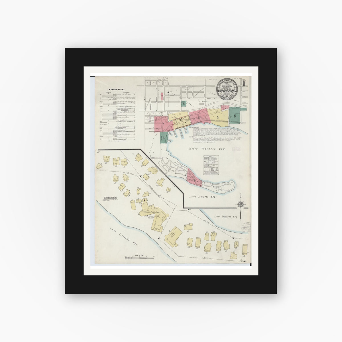 Old map wall art mockup — black gallery frame with white mat — Sanborn Fire Insurance Map from Harbor Springs, Emmet County, Michigan (1912), Sheet #0001