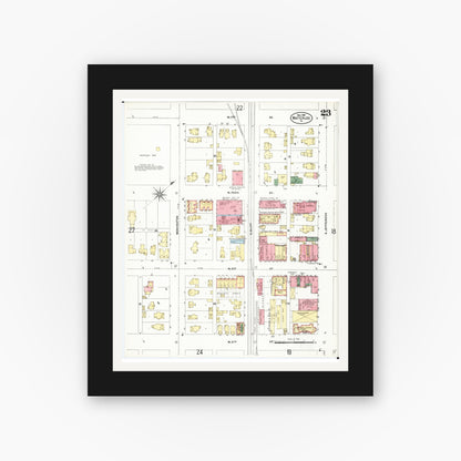 Old map wall art mockup — black gallery frame with white mat — Sanborn Fire Insurance Map from Waterloo, Black Hawk County, Iowa (1906), Sheet #0023