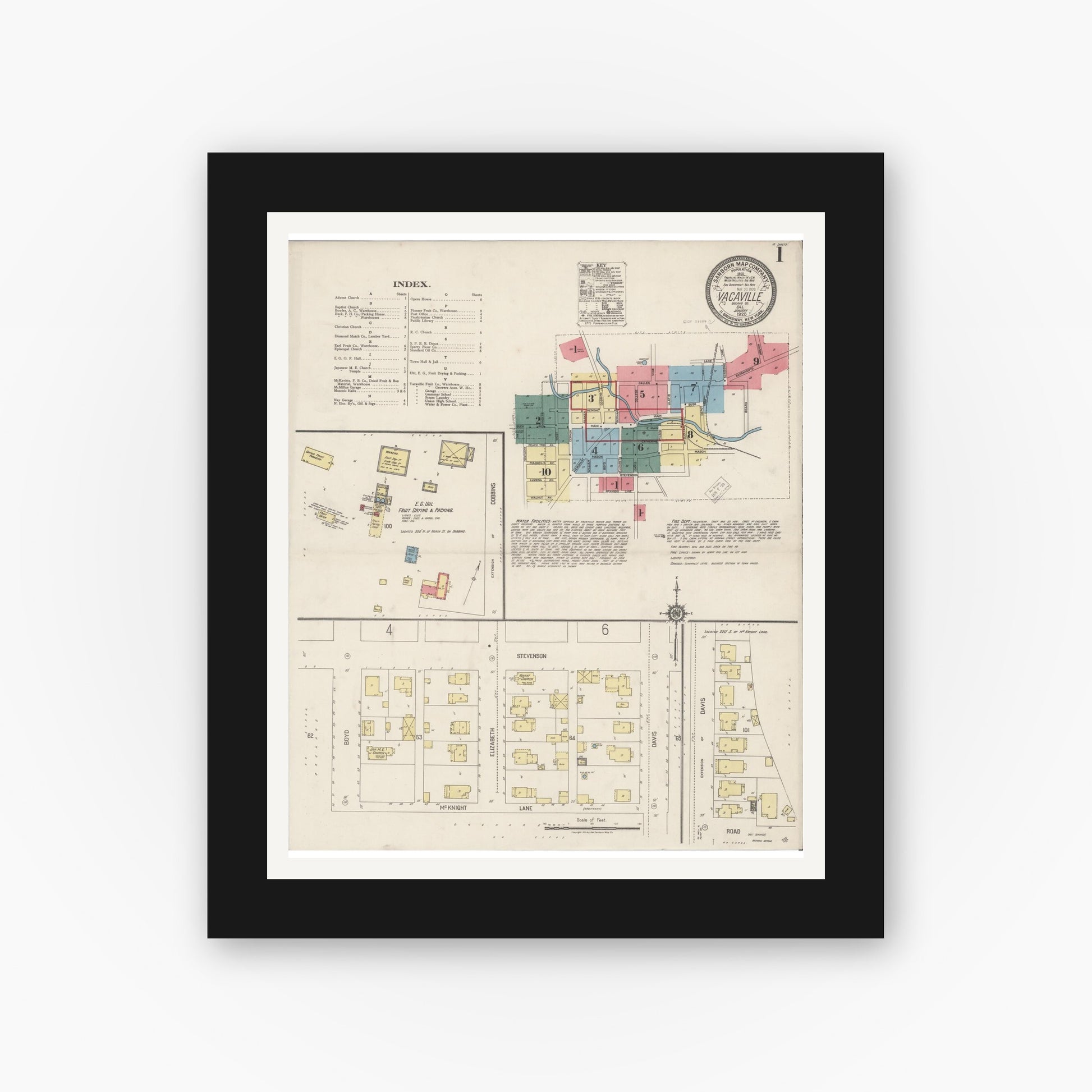 Old map wall art mockup — black gallery frame with white mat — Sanborn Fire Insurance Map from Vacaville, Solano County, California (1920) - Complete Map Set