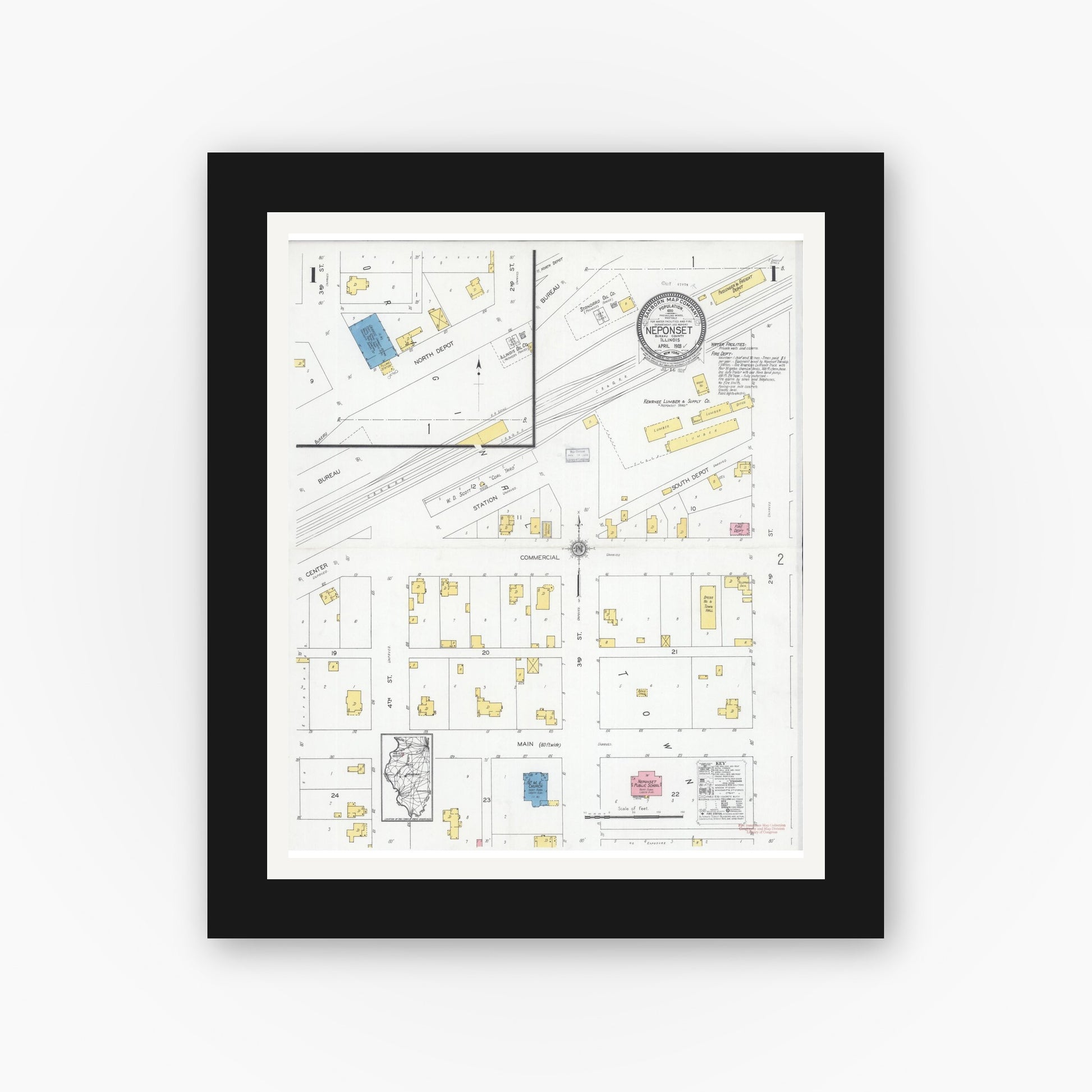 Old map wall art mockup — black gallery frame with white mat — Sanborn Fire Insurance Map from Neponset, Bureau County, Illinois (1928) - Complete Map Set