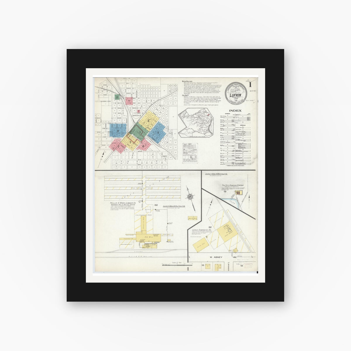 Old map wall art mockup — black gallery frame with white mat — Sanborn Fire Insurance Map from Lufkin, Angelina County, Texas (1915) - Complete Map Set