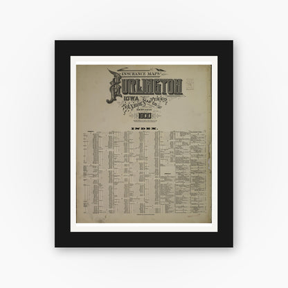 Old map wall art mockup — black gallery frame with white mat — Sanborn Fire Insurance Map from Burlington, Des Moines County, Iowa (1900), Sheet #0001