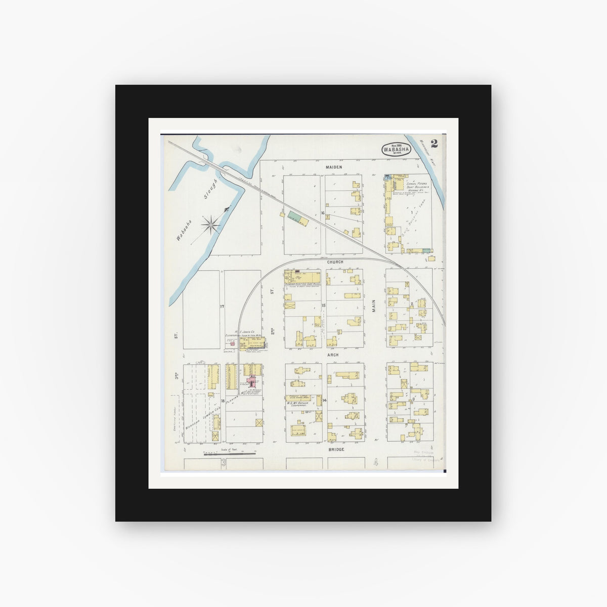 Old map wall art mockup — black gallery frame with white mat — Sanborn Fire Insurance Map from Wabasha, Wabasha County, Minnesota (1895), Sheet #0002