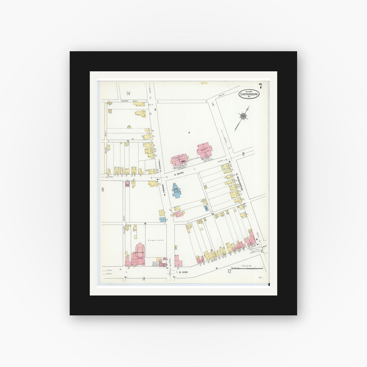Old map wall art mockup — black gallery frame with white mat — Sanborn Fire Insurance Map from Shippensburg, Cumberland And Franklin Counties, Pennsylvania (1910), Sheet #0007
