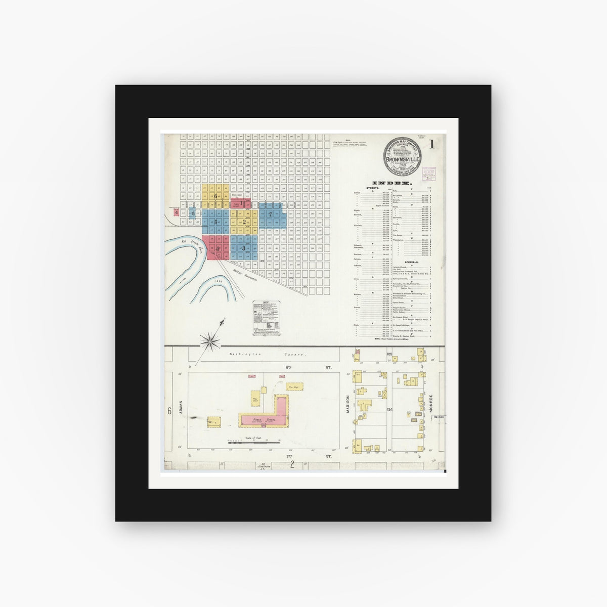Old map wall art mockup — black gallery frame with white mat — Sanborn Fire Insurance Map from Brownsville, Cameron County, Texas (1906) - Complete Map Set