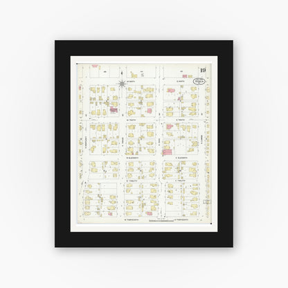 Old map wall art mockup — black gallery frame with white mat — Sanborn Fire Insurance Map from Sedalia, Pettis County, Missouri (1908), Sheet #0019