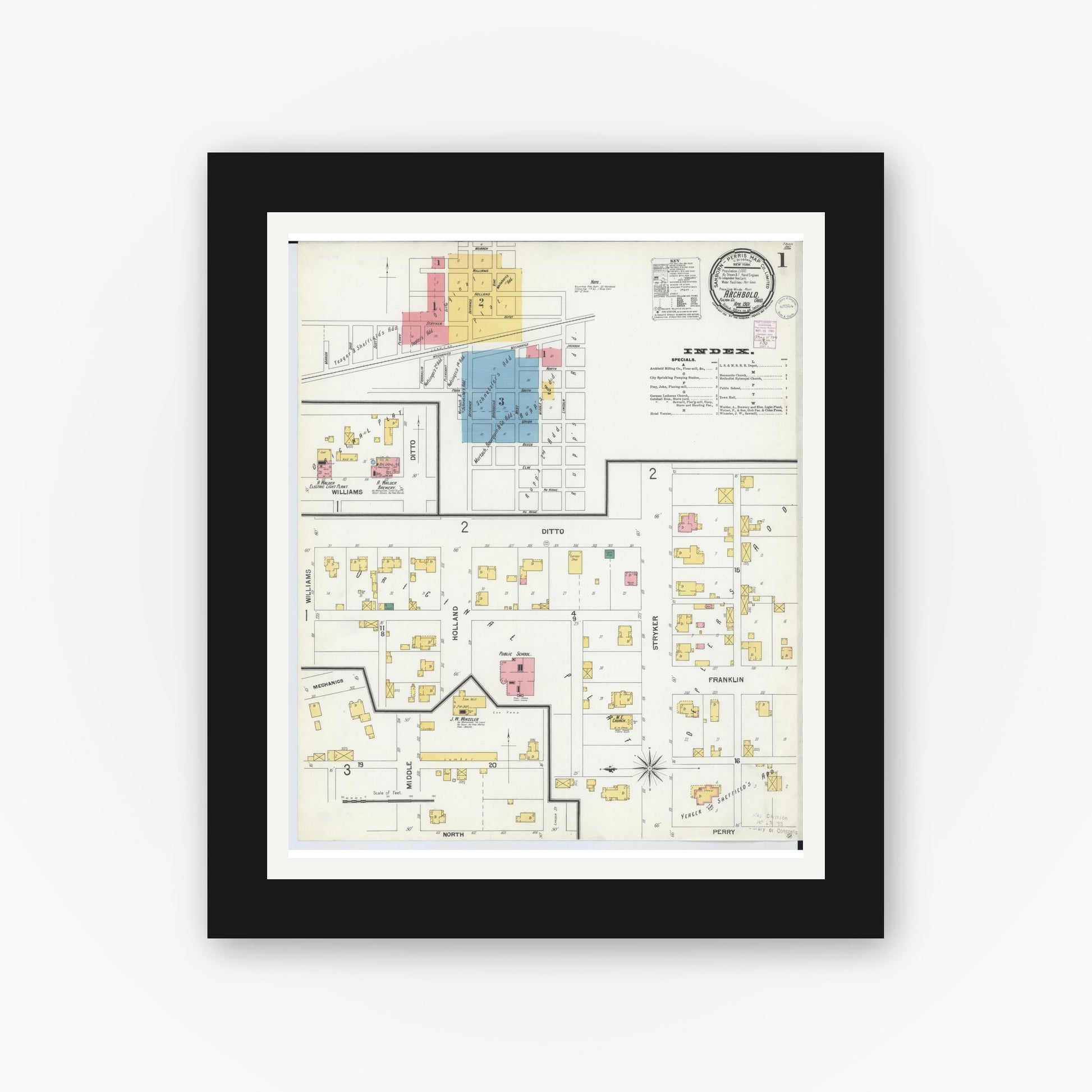 Old map wall art mockup — black gallery frame with white mat — Sanborn Fire Insurance Map from Archbold, Fulton County, Ohio (1901) - Complete Map Set