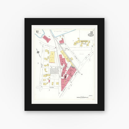 Old map wall art mockup — black gallery frame with white mat — Sanborn Fire Insurance Map from Gardner, Worcester County, Massachusetts (1923), Sheet #0012