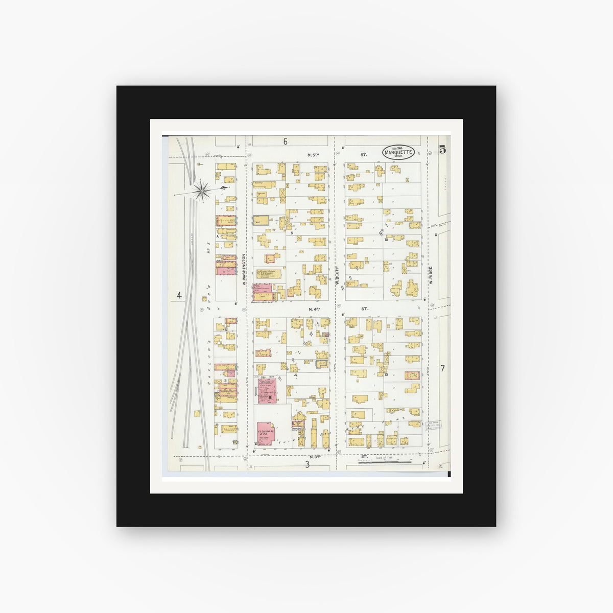 Old map wall art mockup — black gallery frame with white mat — Sanborn Fire Insurance Map from Marquette, Marquette County, Michigan (1904), Sheet #0005