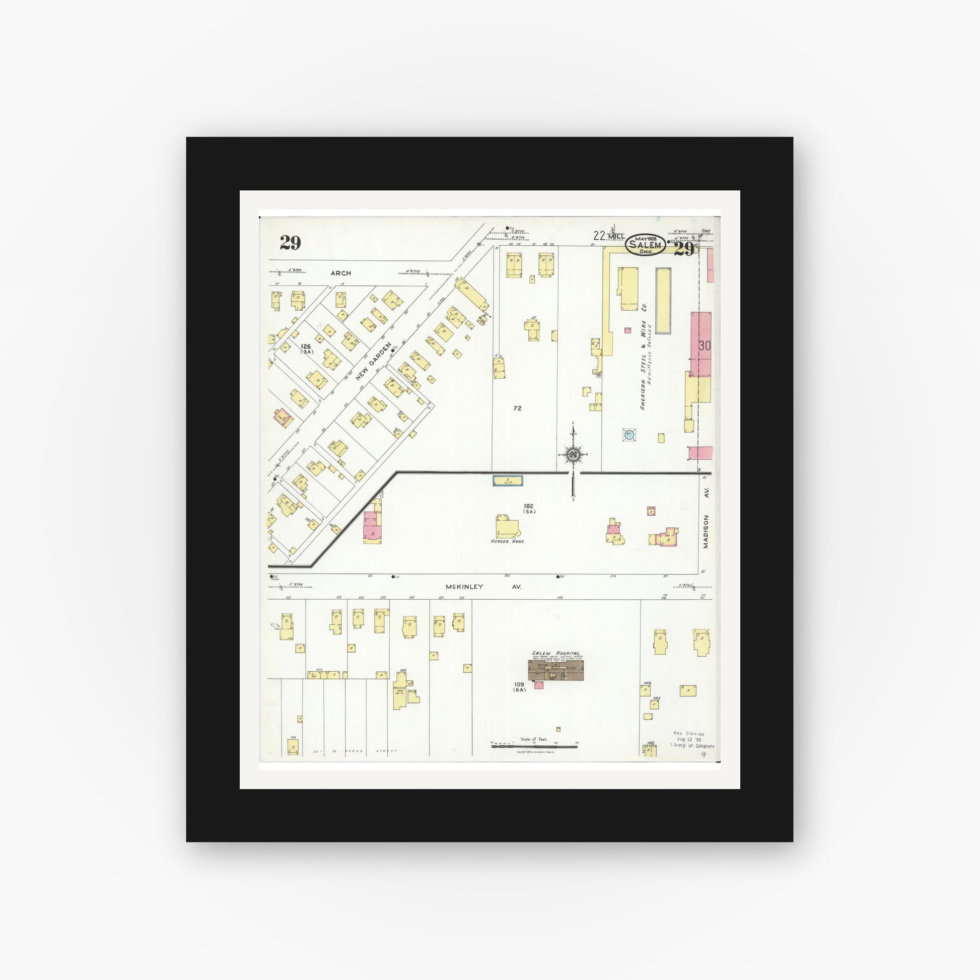Old map wall art mockup — black gallery frame with white mat — Sanborn Fire Insurance Map from Salem, Columbiana County, Ohio (1926), Sheet #0029