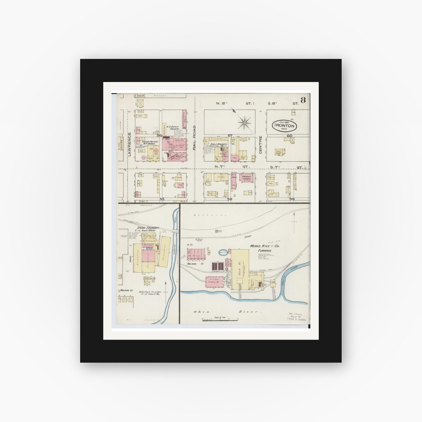 Old map wall art mockup — black gallery frame with white mat — Sanborn Fire Insurance Map from Ironton, Lawrence County, Ohio (1885), Sheet #0008