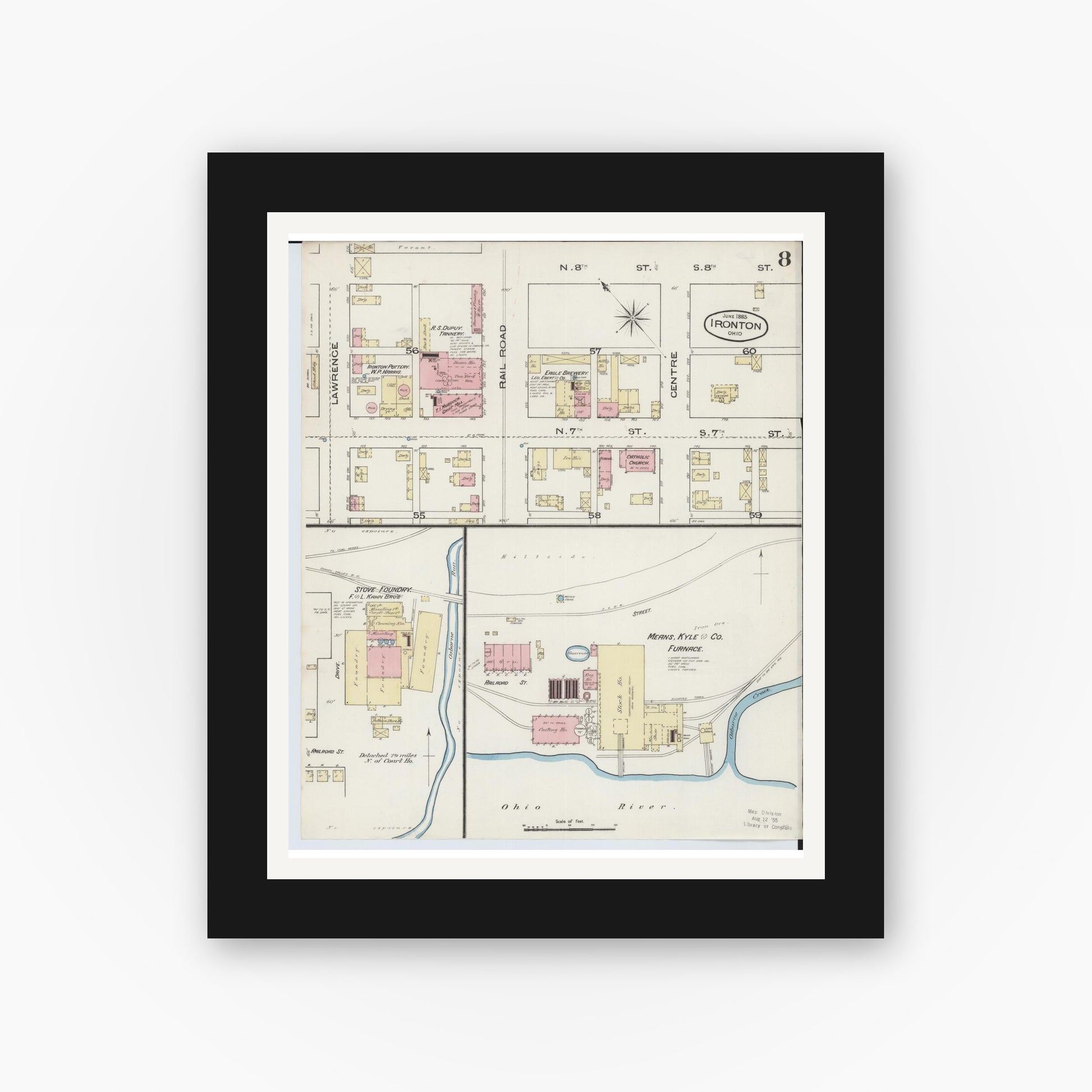 Old map wall art mockup — black gallery frame with white mat — Sanborn Fire Insurance Map from Ironton, Lawrence County, Ohio (1885), Sheet #0008