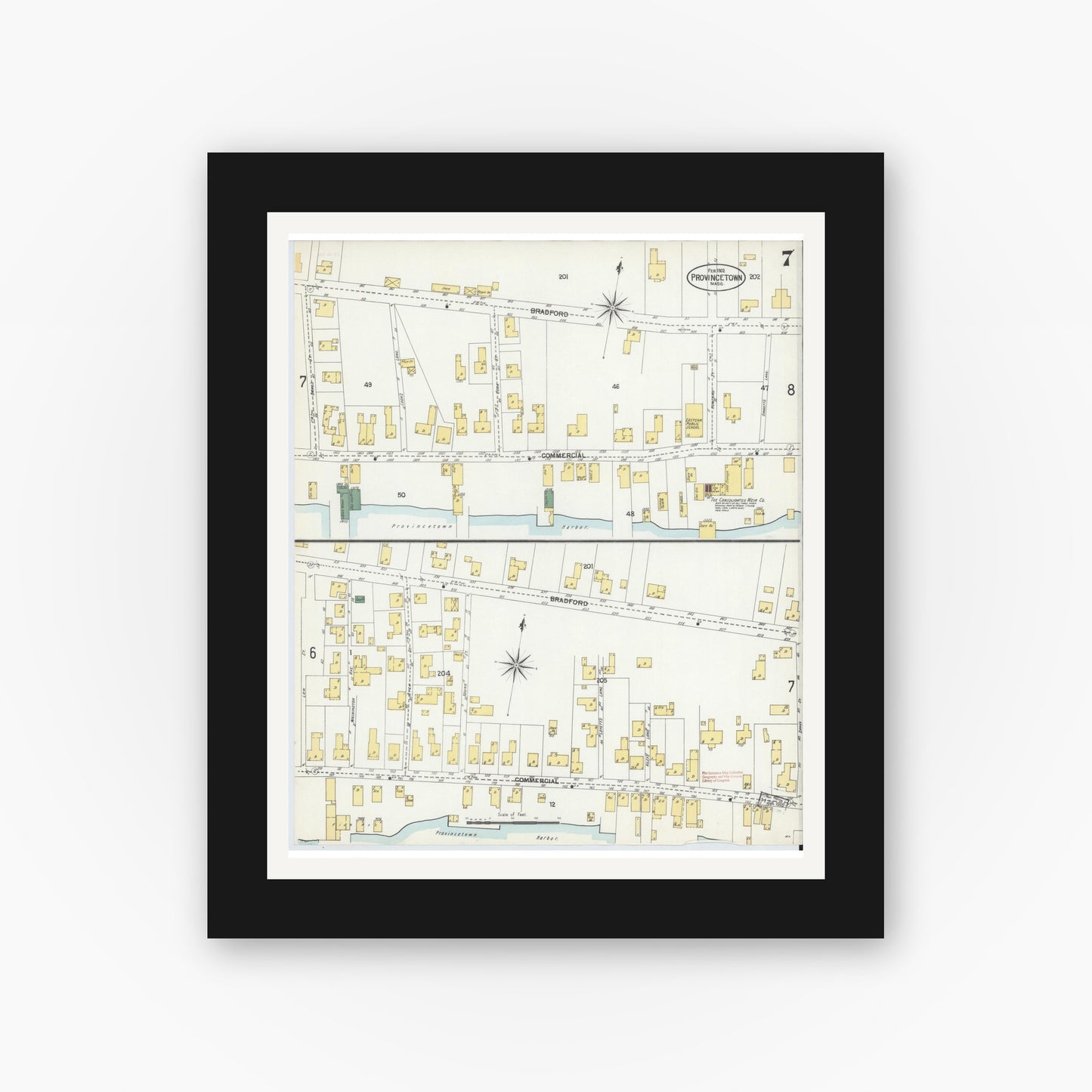 Old map wall art mockup — black gallery frame with white mat — Sanborn Fire Insurance Map from Provincetown, Barnstable County, Massachusetts (1902), Sheet #0007